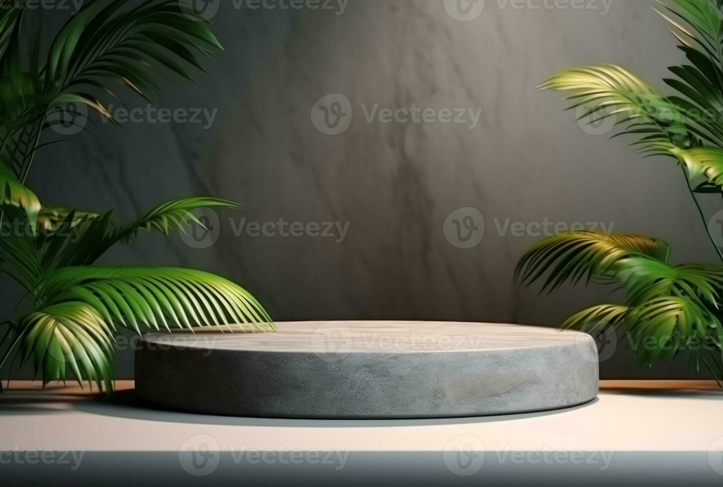 3D podium wood display white background with green monstera palm leaf AI Generated. photo