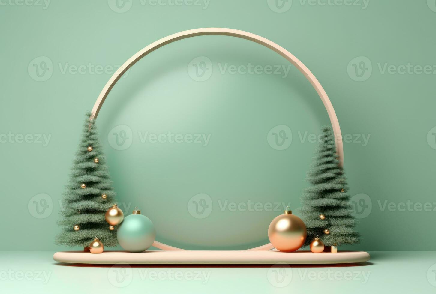 3D podium, Christmas display. Pastel green background AI Generated. photo