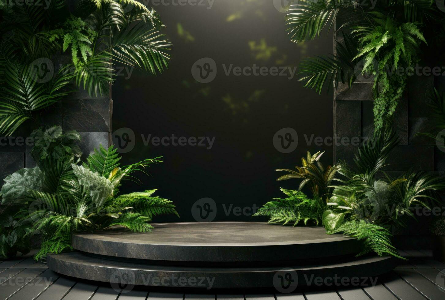 3D podium, stone display set. Jungle, palm leaf AI Generated. photo