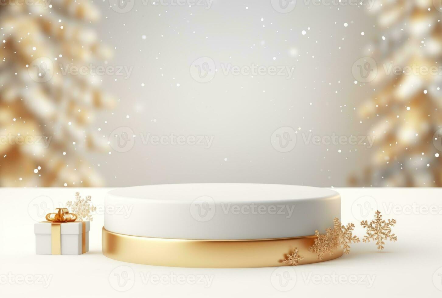 3D white podium. Christmas background. The display stand is gold colored AI Generated. photo