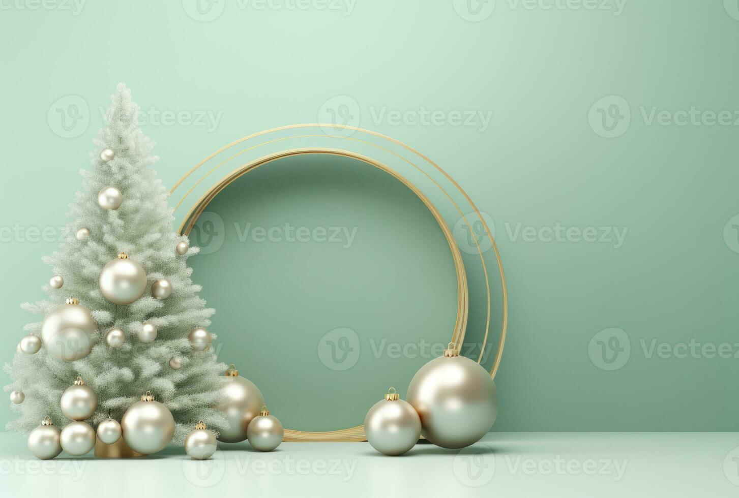 3D podium, Christmas display. Pastel green background AI Generated. photo