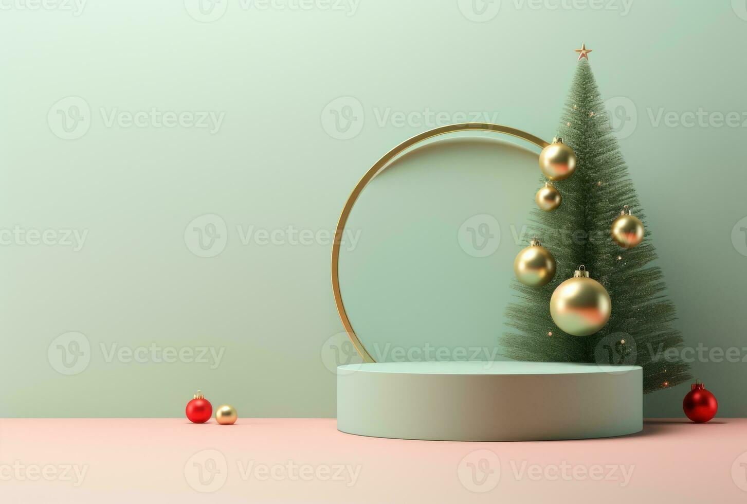 3D podium, Christmas display. Pastel green background AI Generated. photo