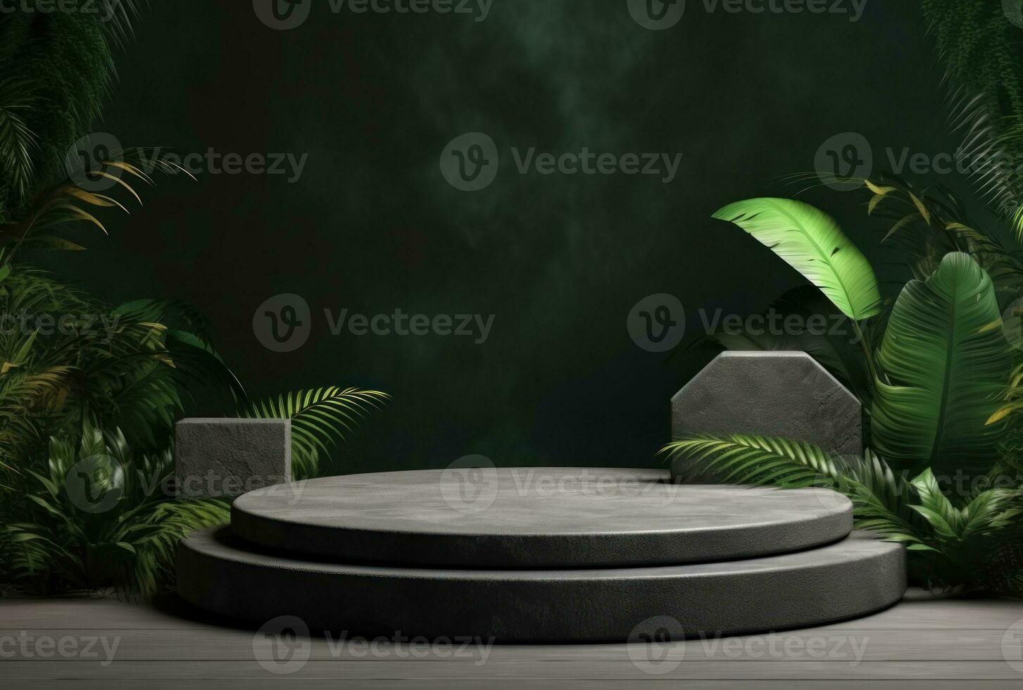 3D podium, stone display set. Jungle, palm leaf AI Generated. photo