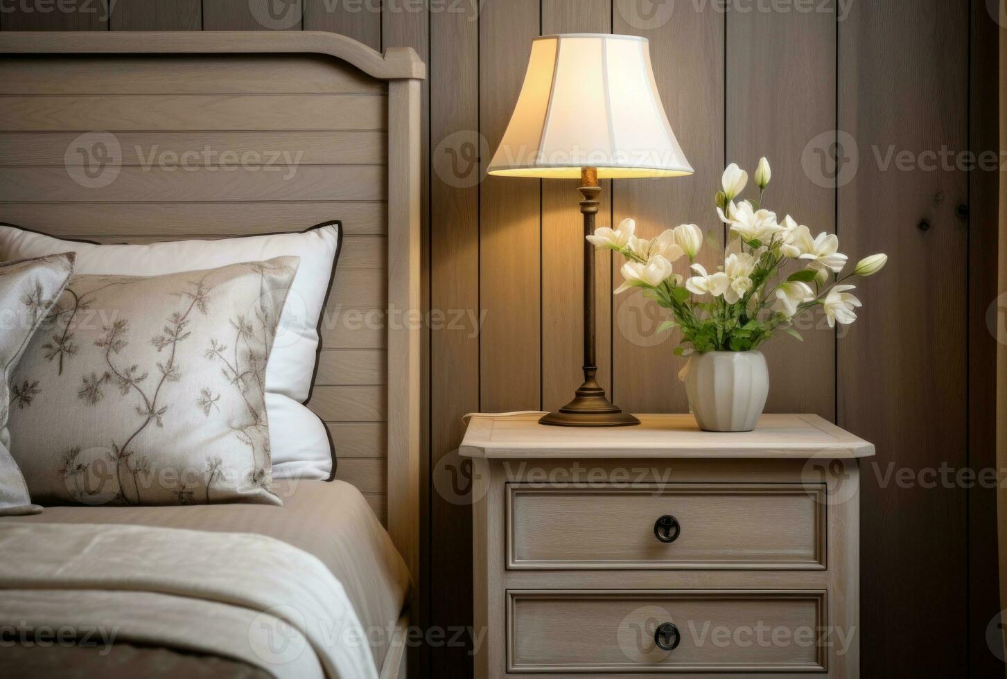 Bedside cabinet emphasizes the bedside next to the wooden wall. French style interior design of a modern bedroom AI Generated. photo