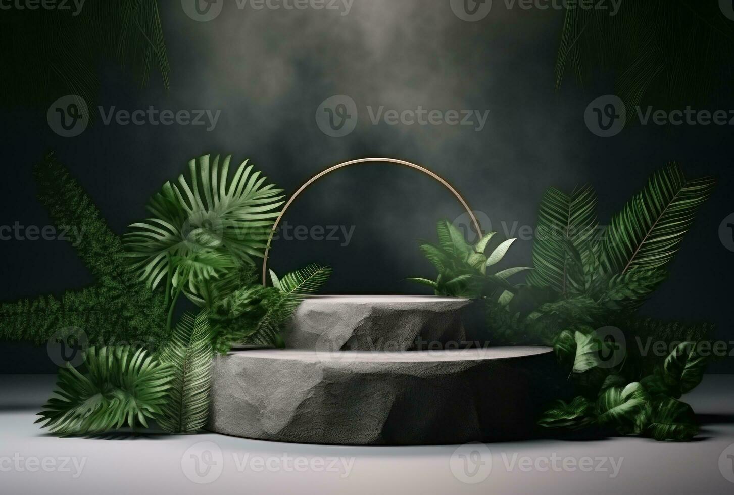 3D podium, stone display set. Jungle, palm leaf AI Generated. photo