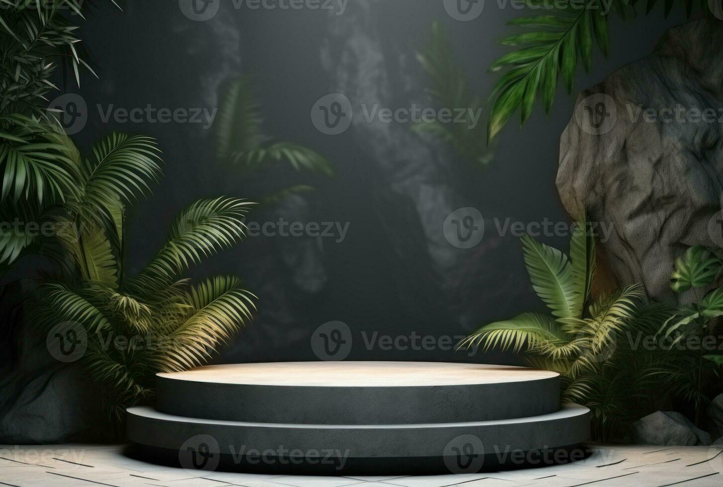 3D podium, stone display set. Jungle, palm leaf AI Generated. photo