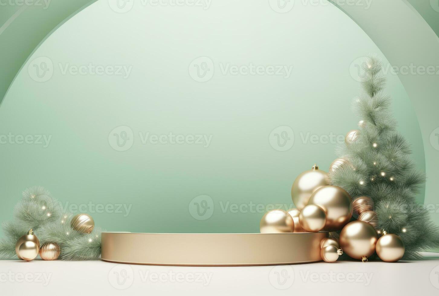 3D podium, Christmas display. Pastel green background AI Generated. photo