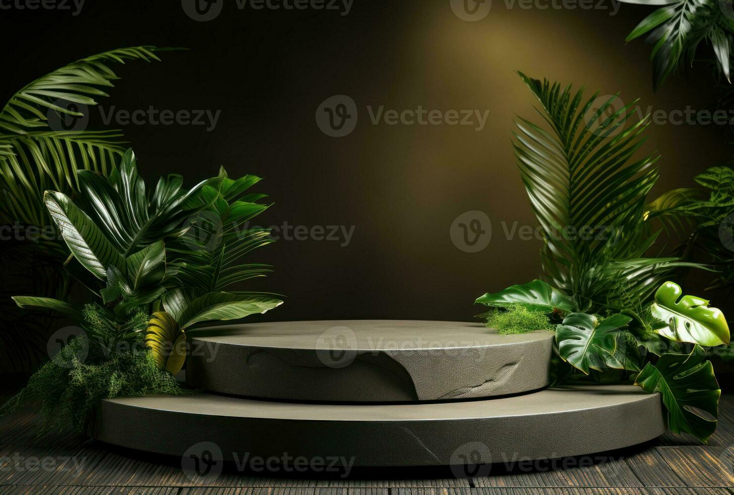 3D podium, stone display set. Jungle, palm leaf AI Generated. photo
