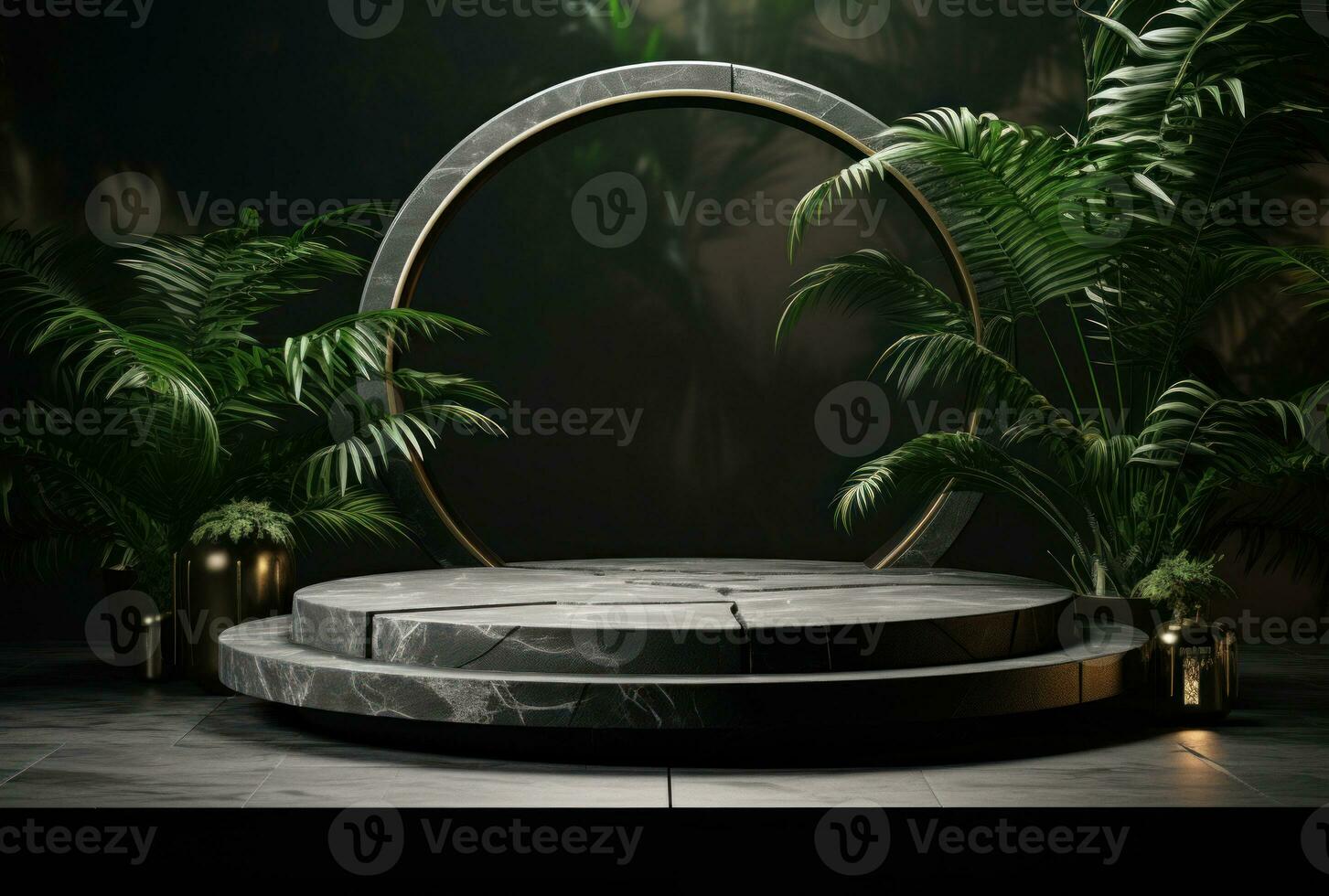 3D podium, stone display set. Jungle, palm leaf AI Generated. photo