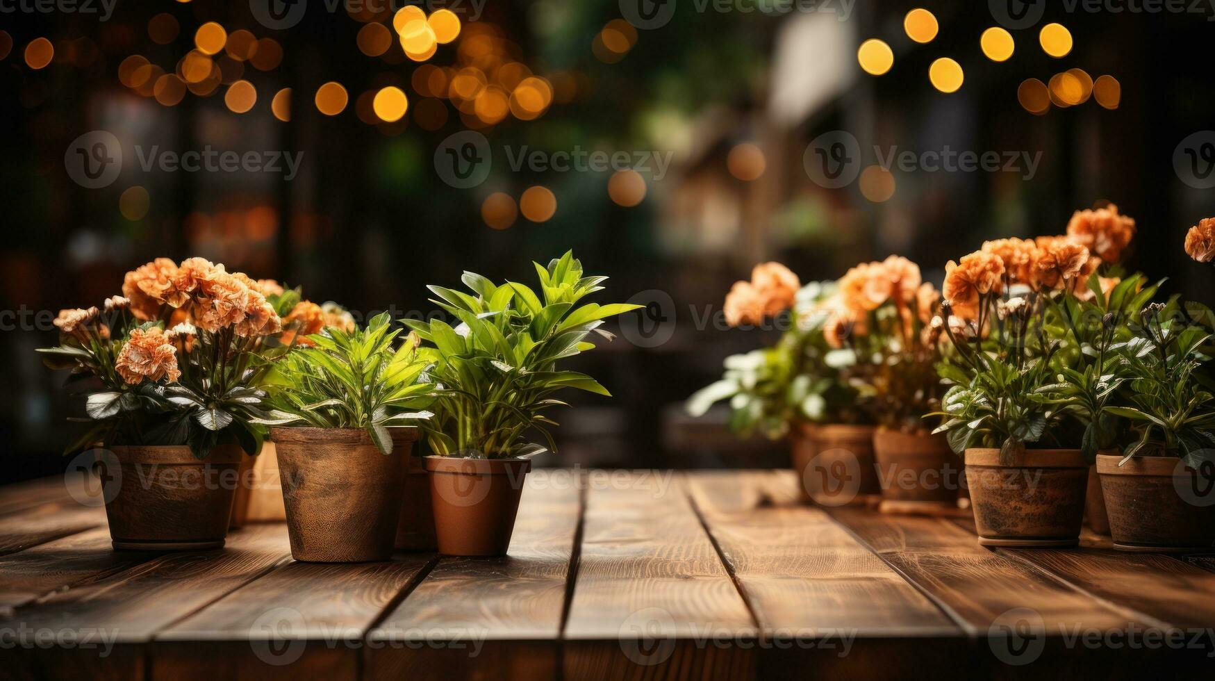 de madera mesa con en conserva plantas y hermosa bokeh antecedentes ai generado. foto