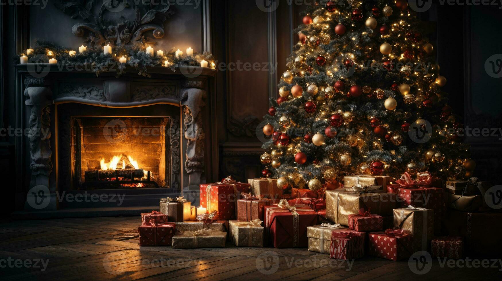 Beautiful Christmas background with a decorated Christmas tree in the living room near the fireplace, AI Generated. photo