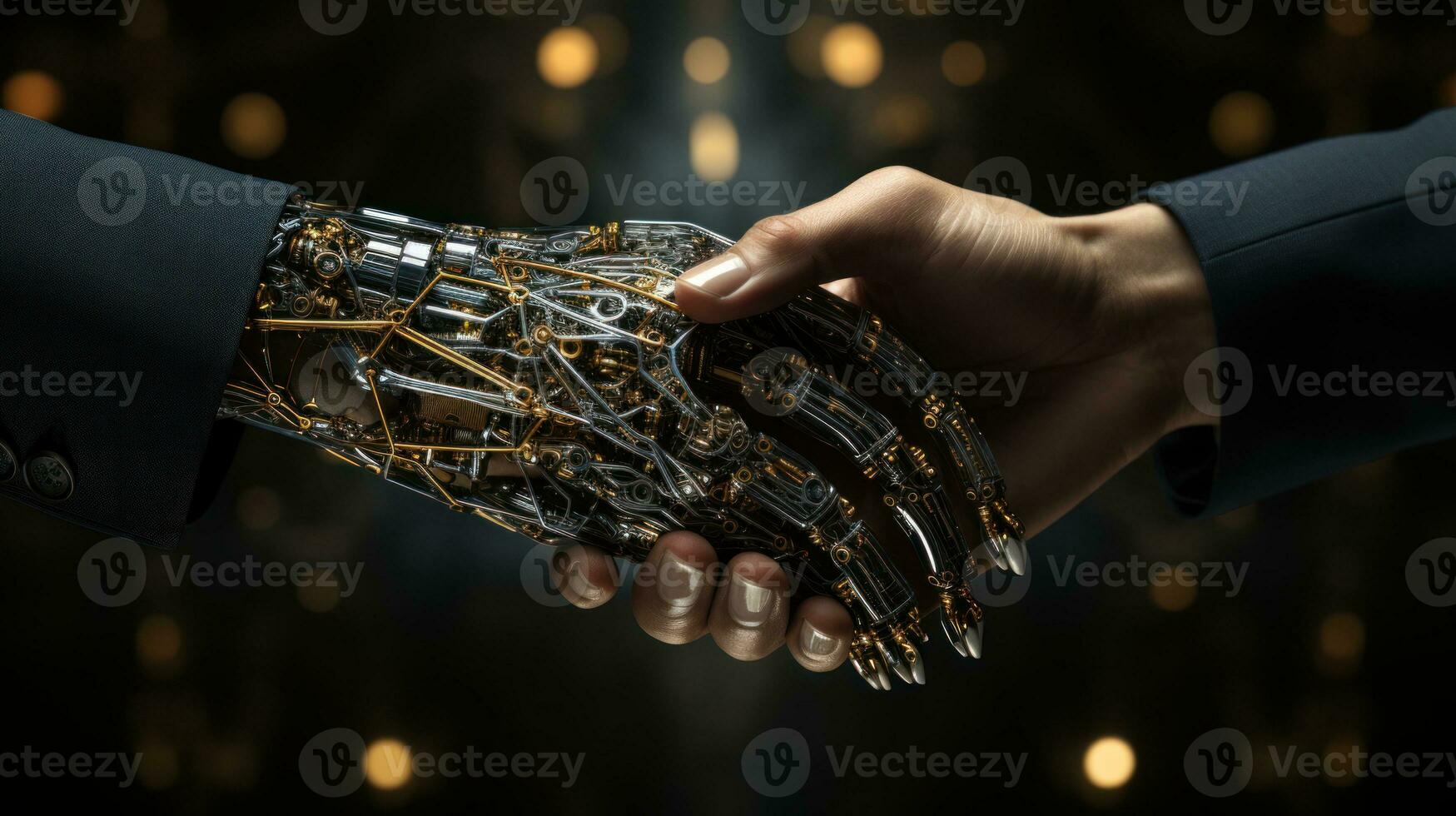 Humans and robots hold hands Human interaction with artificial intelligence AI Generated. photo