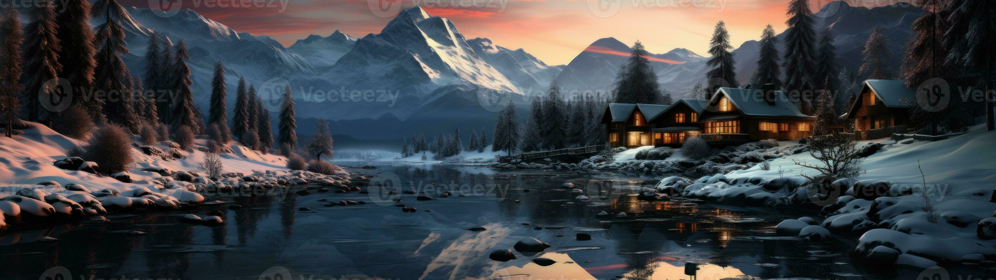 Cabin in the valley, mountains as the background AI Generated. photo