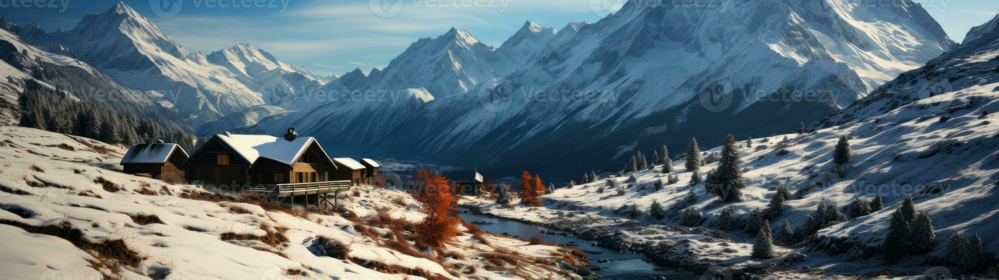 Cabin in the valley, mountains as the background AI Generated. photo