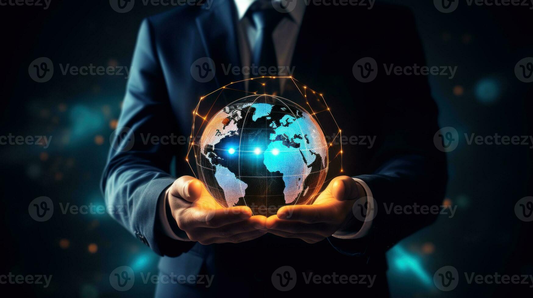 Businessman holding global network internet connection on social networking AI Generated. photo
