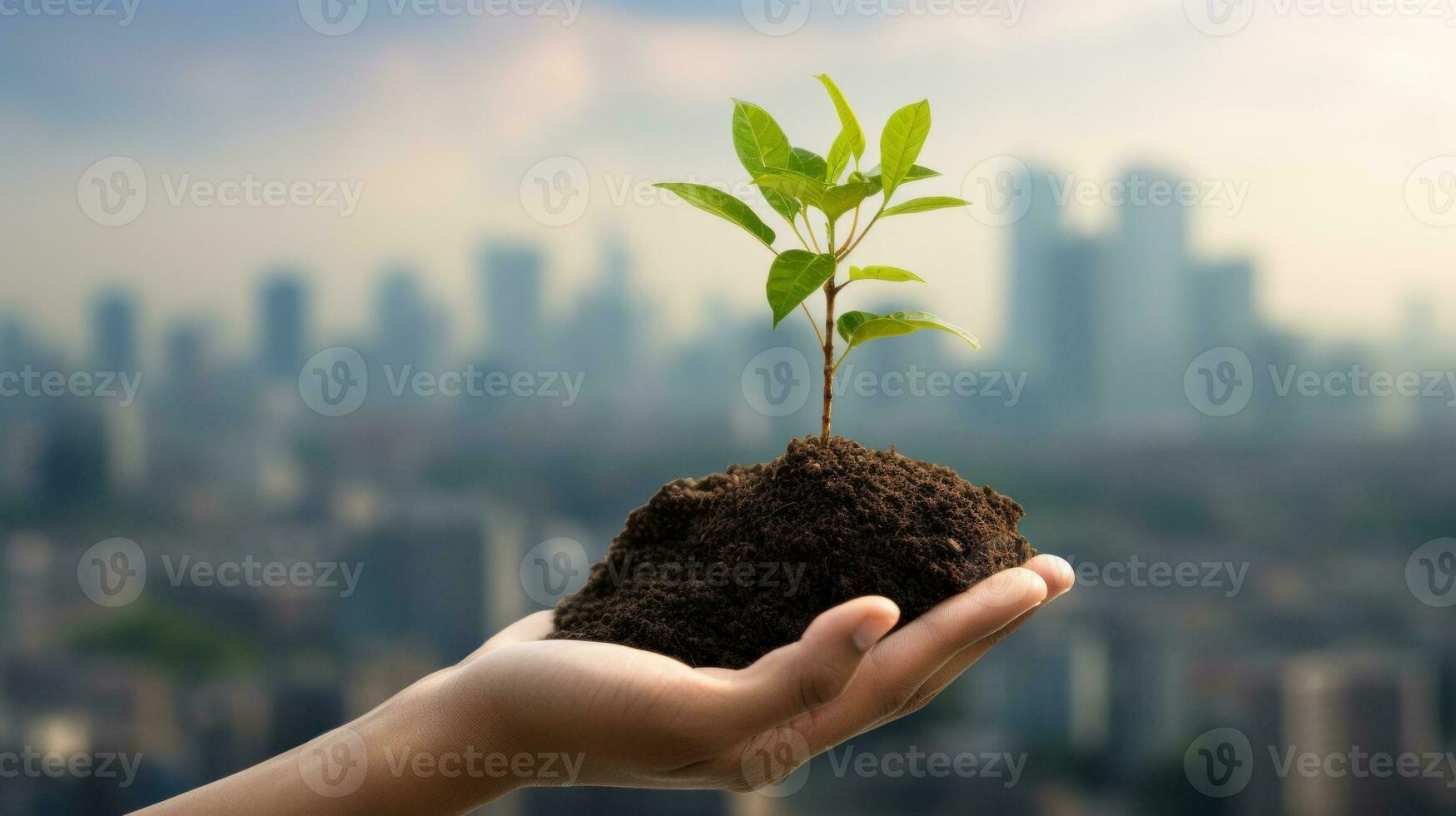 Conceptual image of a person's hand holding a small sapling AI Generated. photo