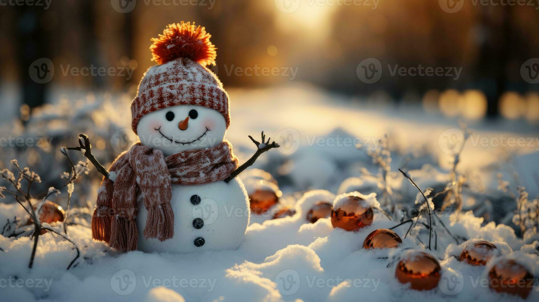 Christmas decoration with cute cheerful snowmen in the snow in the winter garden, AI Generated. photo