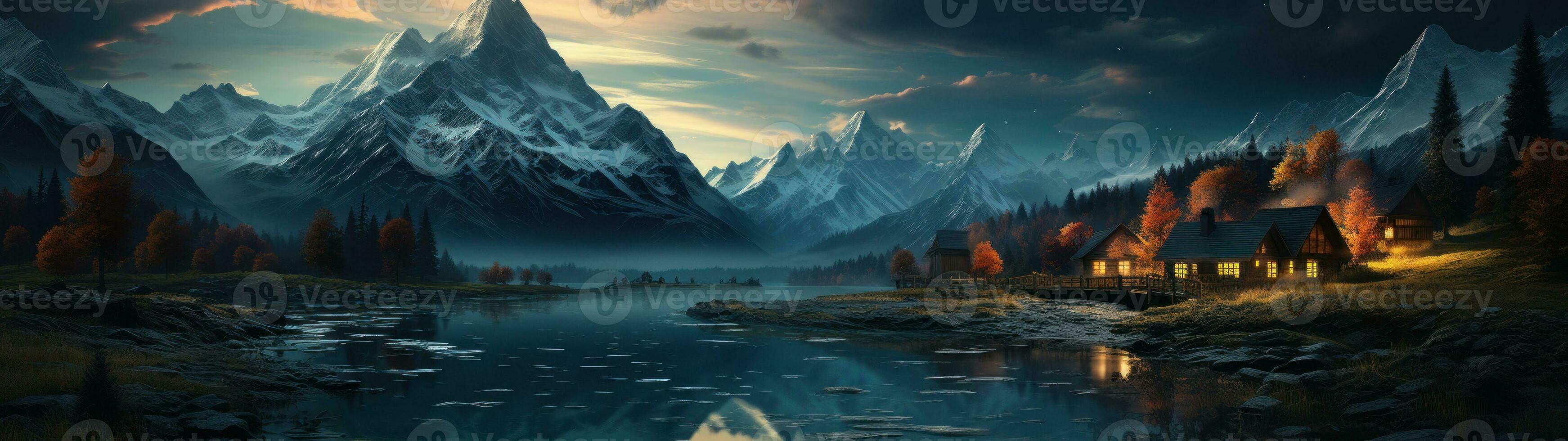 Cabin in the valley, mountains as the background AI Generated. photo