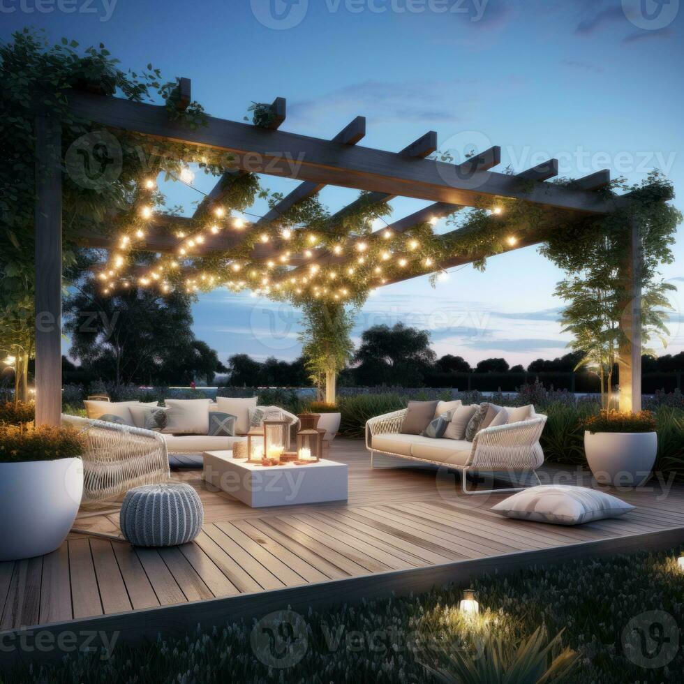 Teak wooden deck with decor furniture and ambient lighting. Side view of garden pergola with gas grill at twilight AI Generated. photo