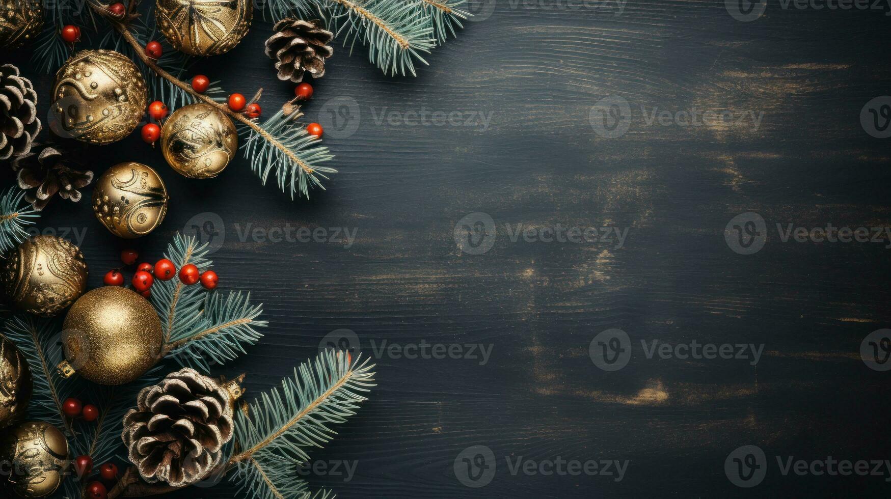 Merry Christmas christmas ornaments On a dark black concrete table top, top view AI Generated. photo