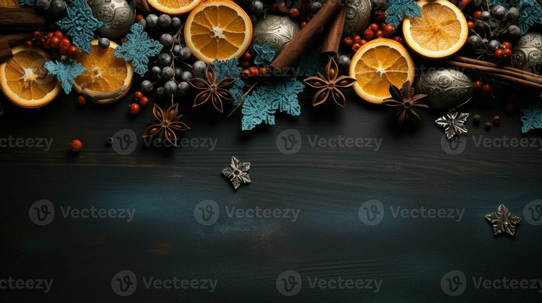 Merry Christmas christmas ornaments On a dark black concrete table top, top view AI Generated. photo