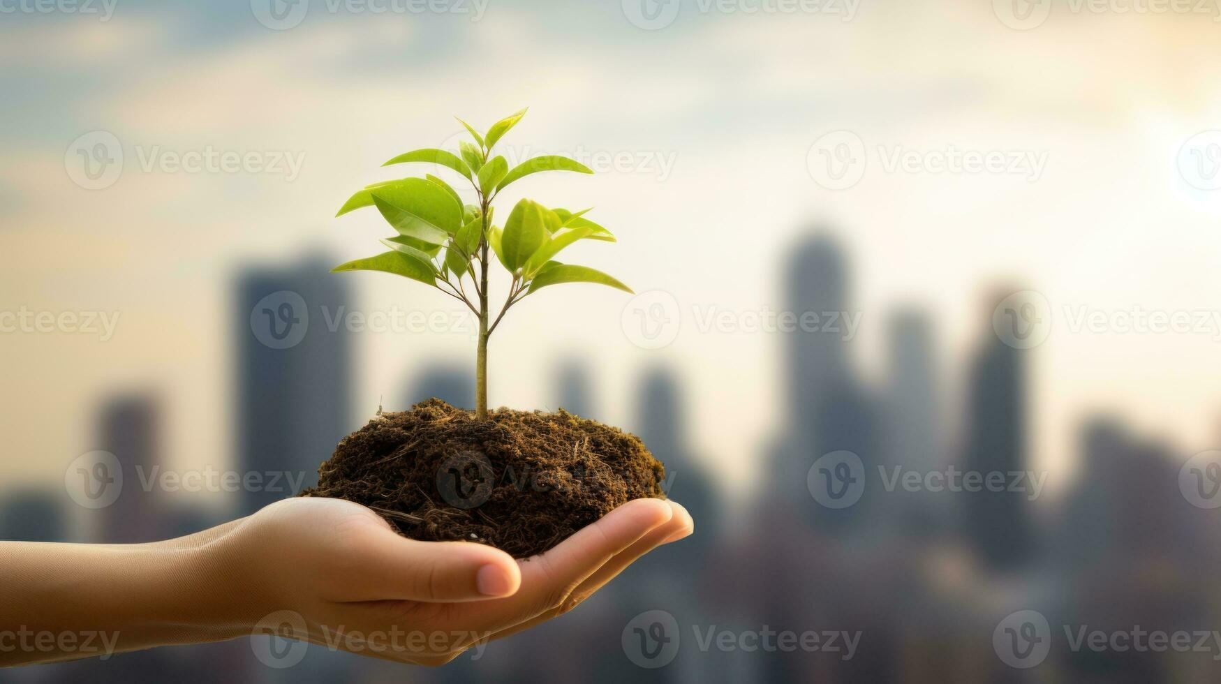 Conceptual image of a person's hand holding a small sapling AI Generated. photo