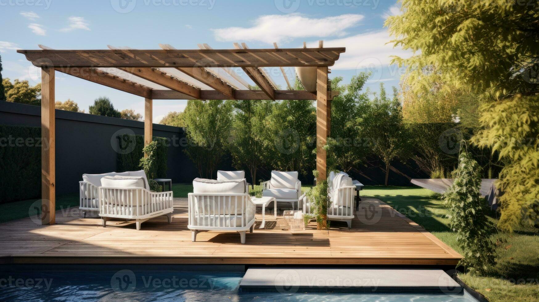Teak wooden deck with decor furniture and ambient lighting. Side view of garden pergola with gas grill at twilight AI Generated. photo