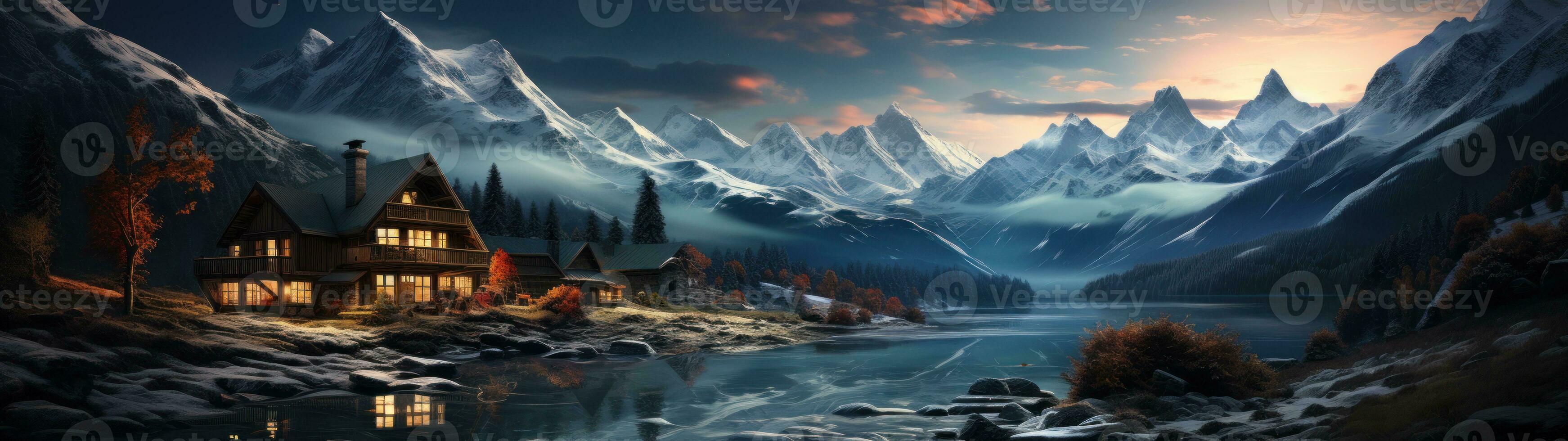 Cabin in the valley, mountains as the background AI Generated. photo