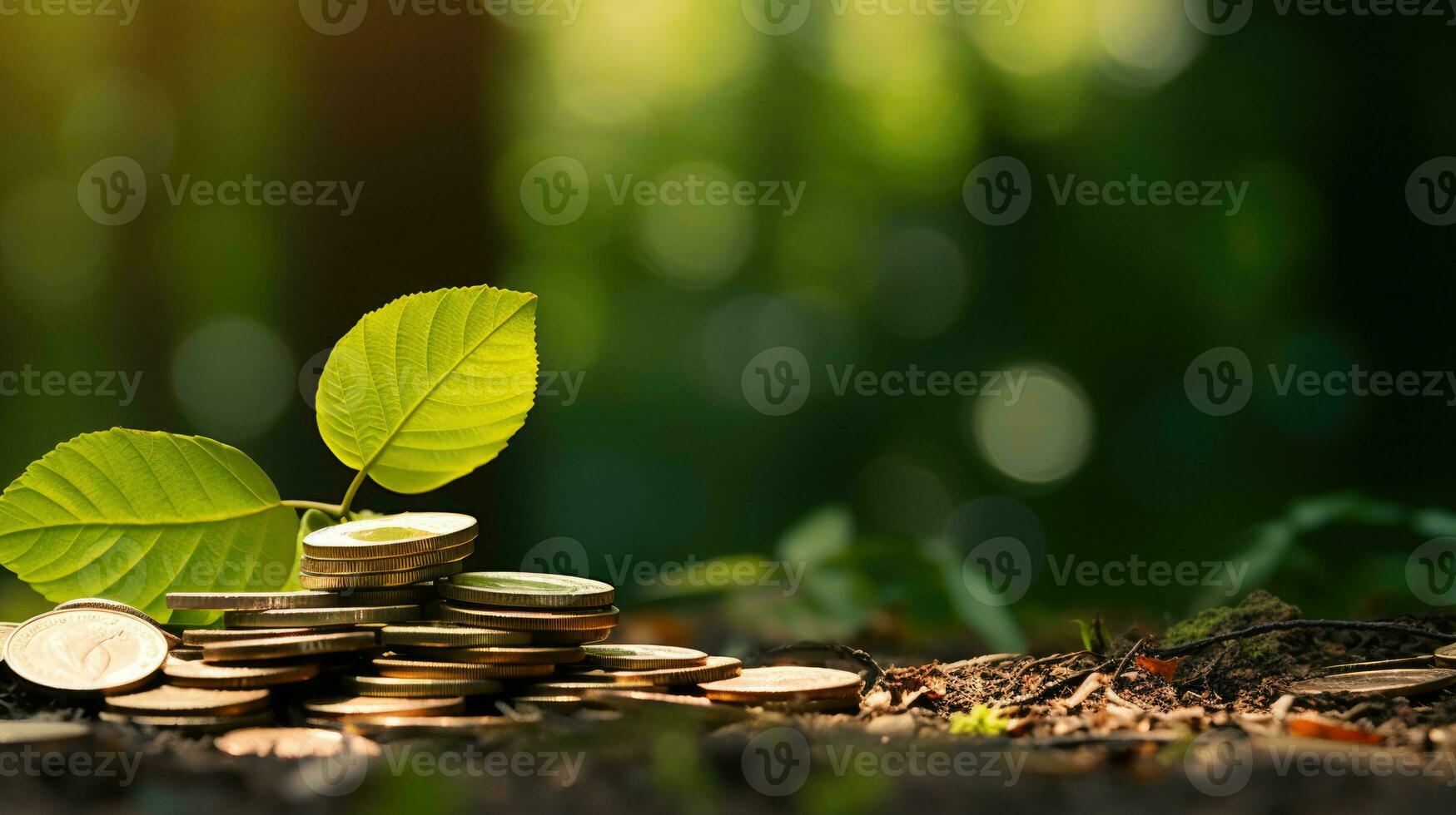 monedas y arboles plantado en pila de algo de monedas para Finanzas y bancario ai generado. foto