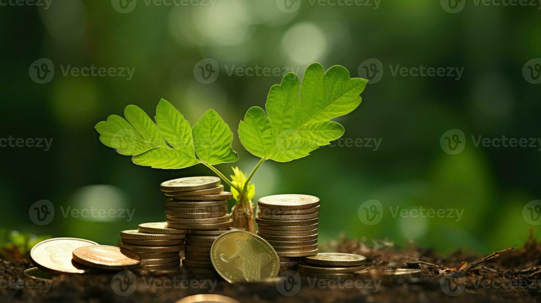Coins and trees planted on piles of coins for finance and banking AI Generated. photo