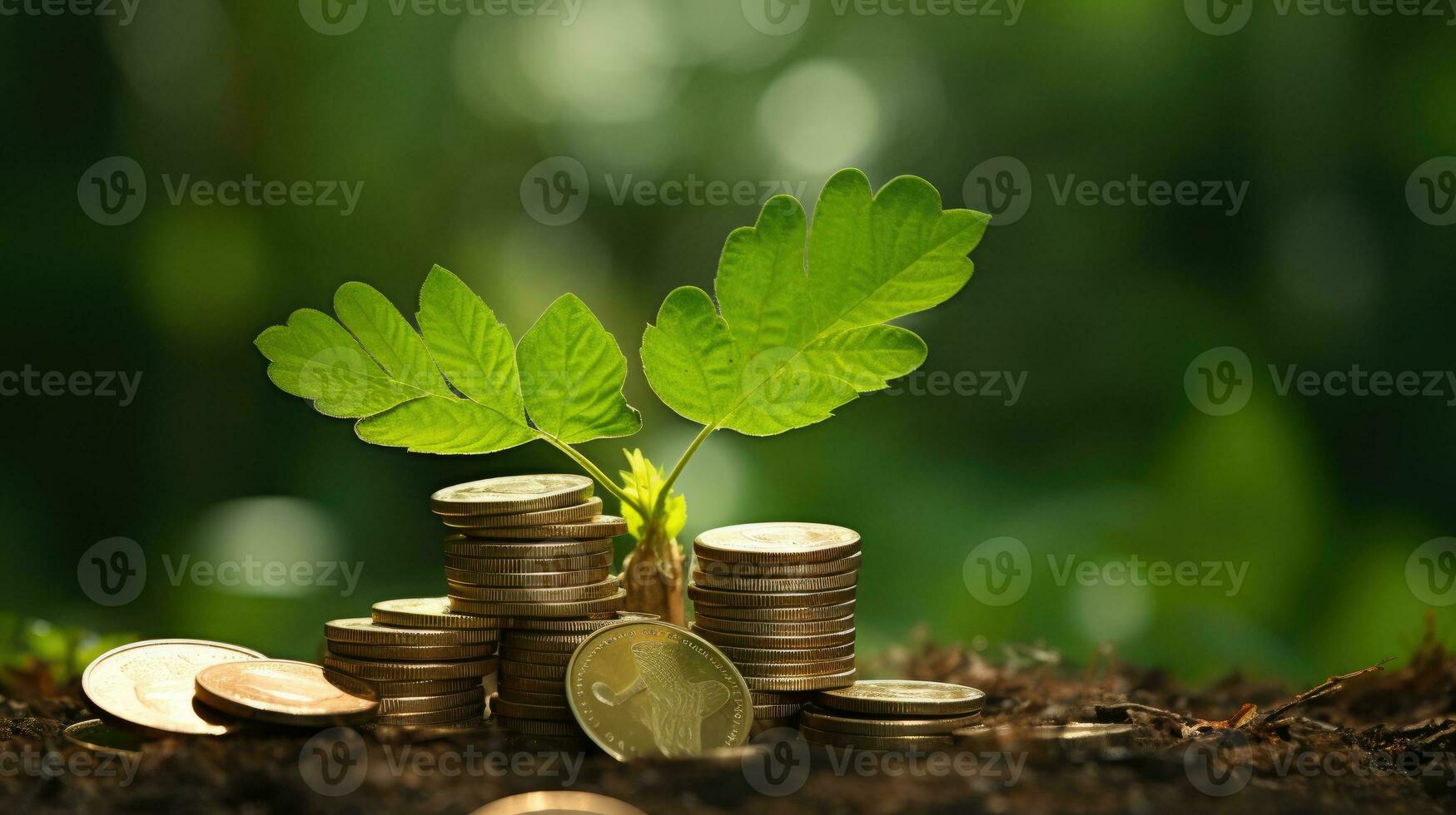 monedas y arboles plantado en pila de algo de monedas para Finanzas y bancario ai generado. foto