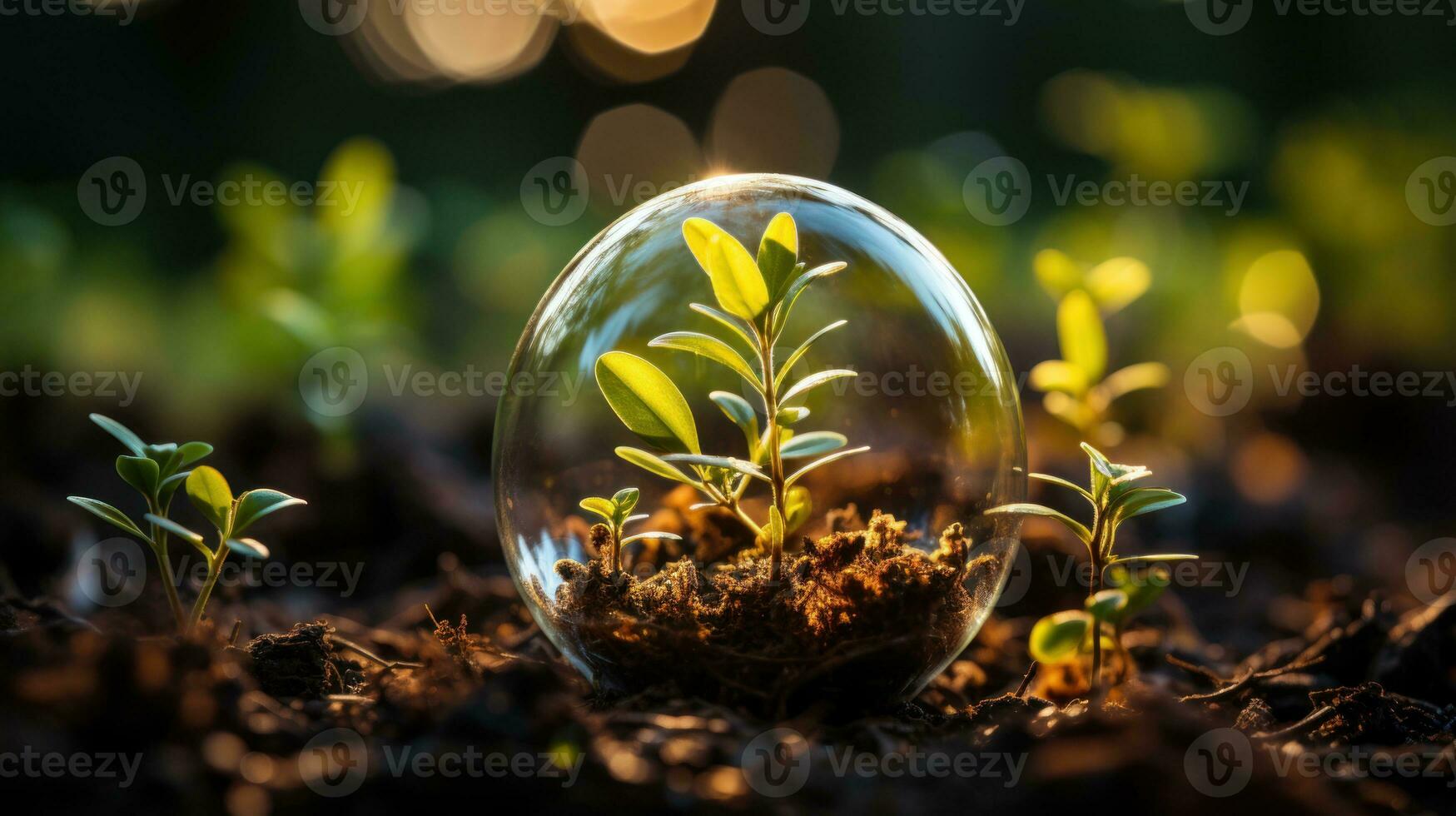 New seedlings grow on the transparent earth. Image of environmental conservation and sustainable society AI Generated. photo