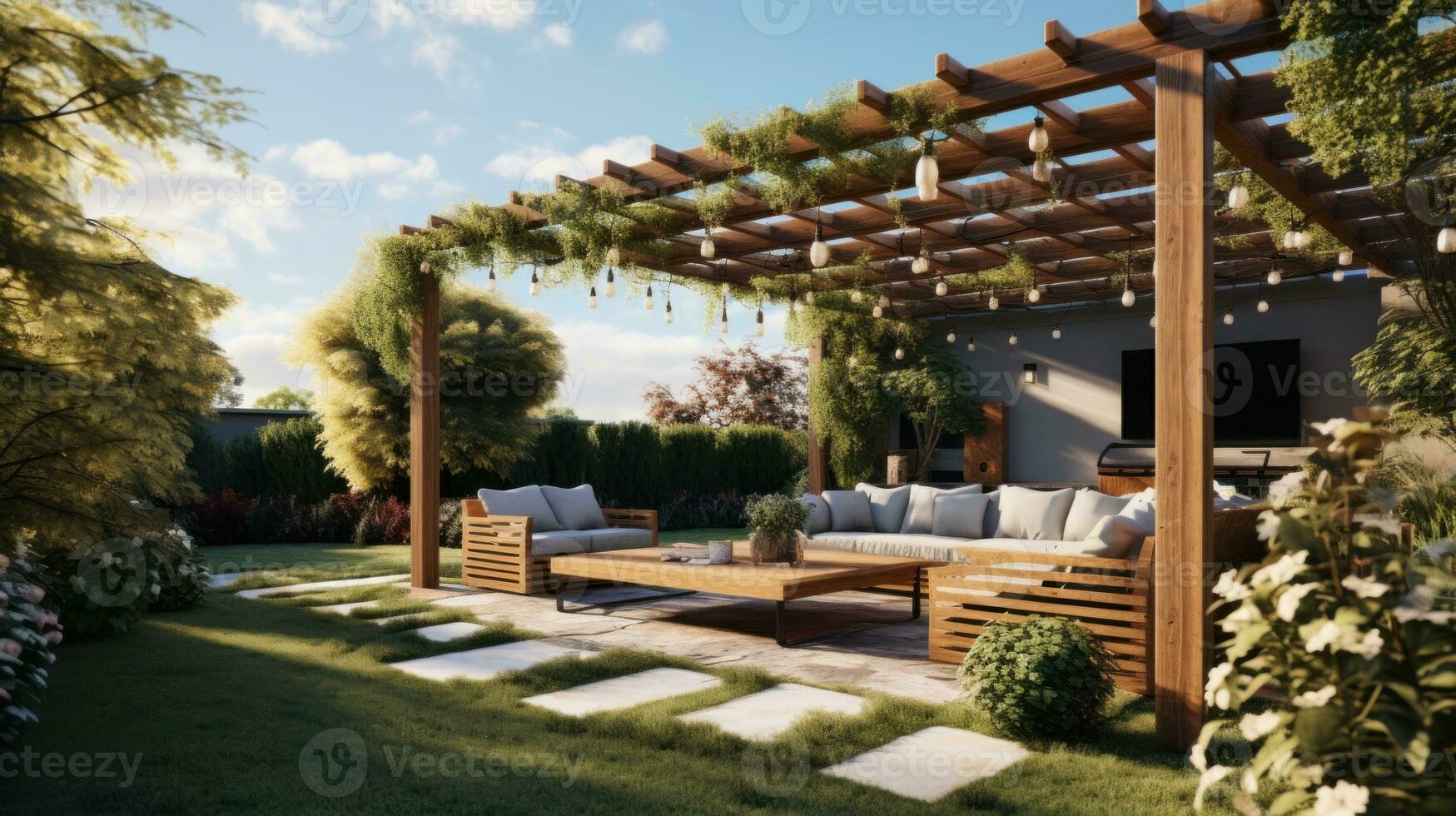 Teak wooden deck with decor furniture and ambient lighting. Side view of garden pergola with gas grill at twilight AI Generated. photo