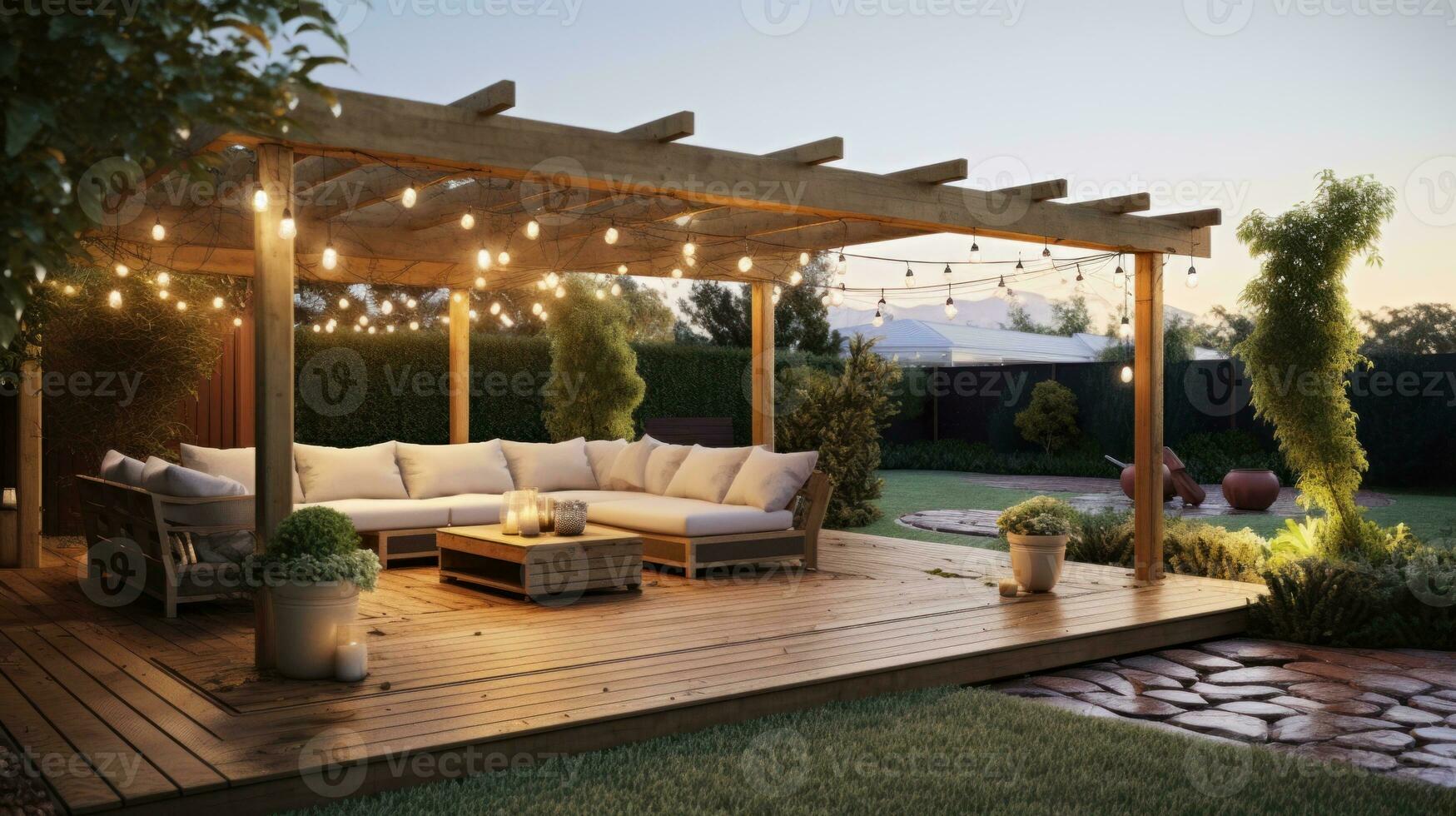 Teak wooden deck with decor furniture and ambient lighting. Side view of garden pergola with gas grill at twilight AI Generated. photo