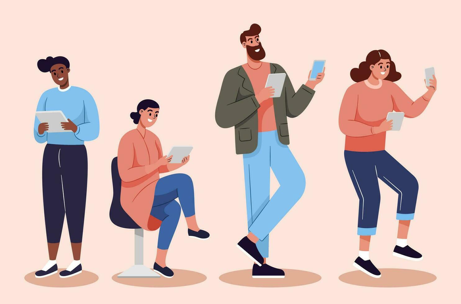 People use Smartphones, tablet. communication on the Internet, chatting, social networks. Flat Cartoon Vector Illustration.