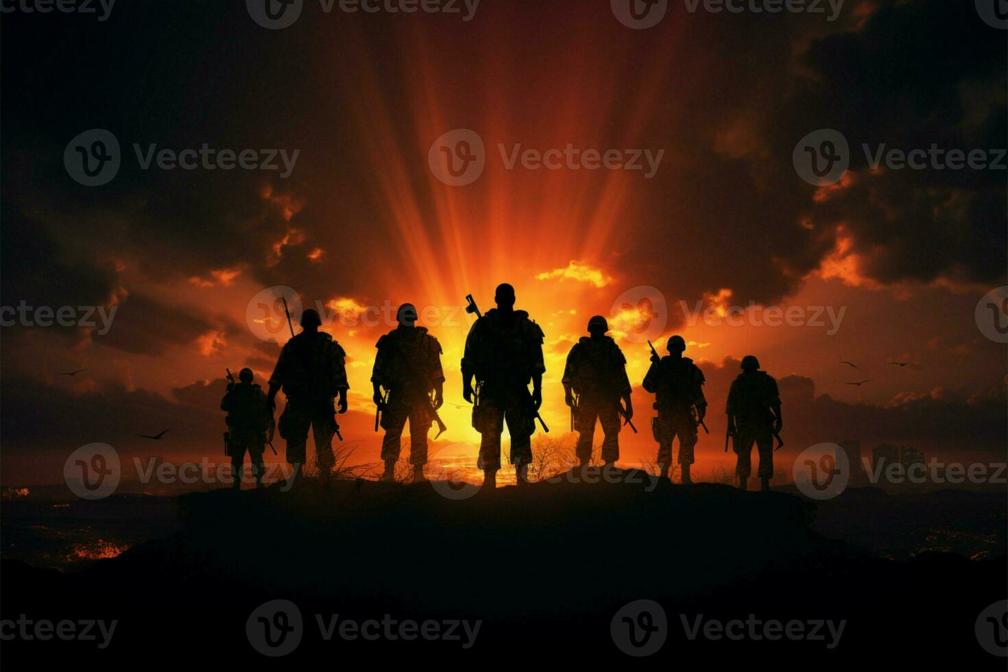 Silhouetted soldiers against a backdrop of intense and electrifying energy AI Generated photo