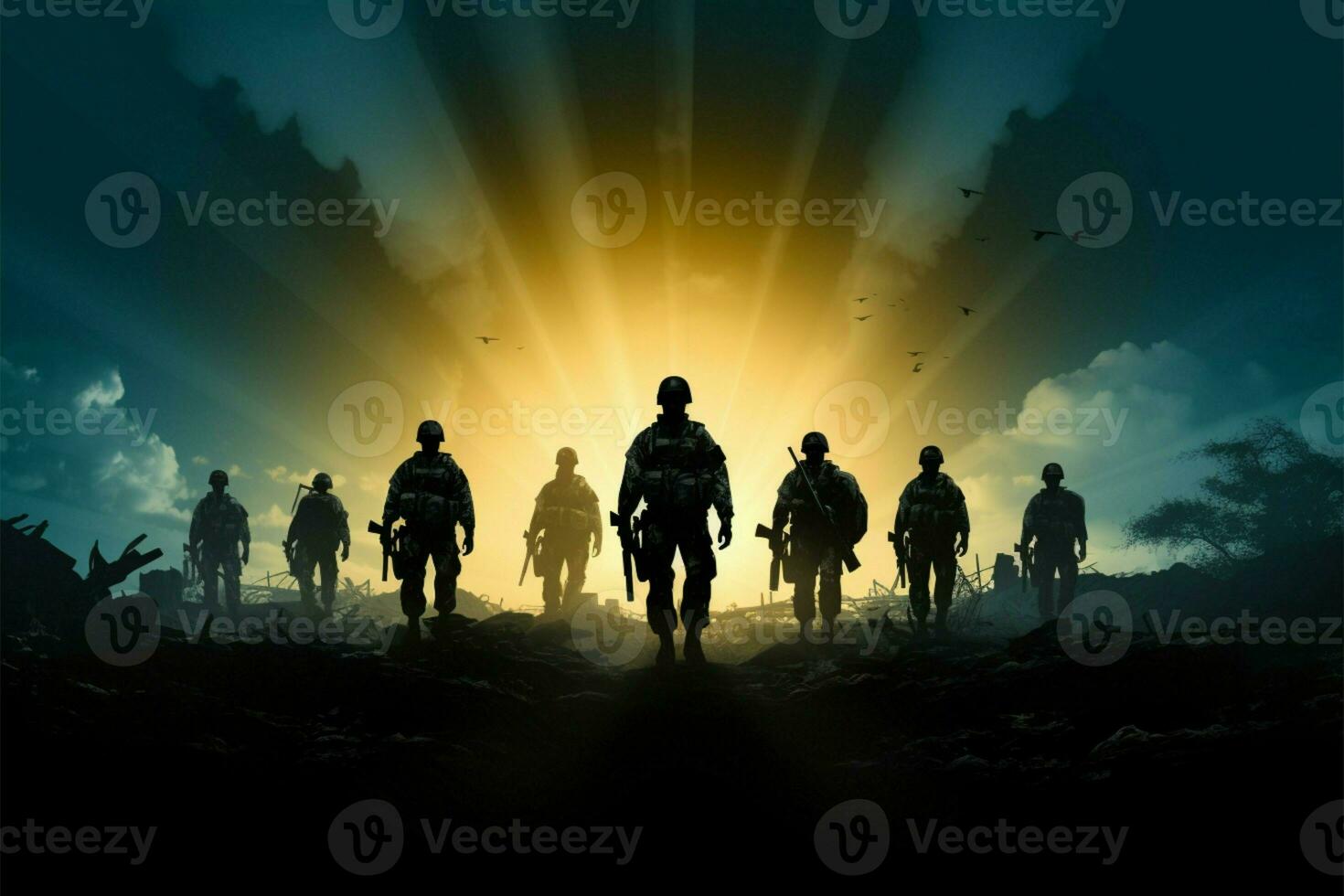 Striking army soldier silhouettes evoke strength, discipline, and valor AI Generated photo