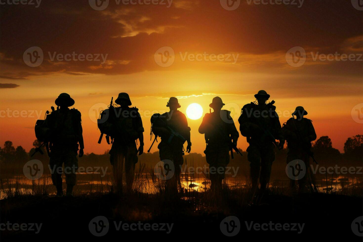 Silhouetted soldiers on a sun kissed field, guardians of twilights peace AI Generated photo