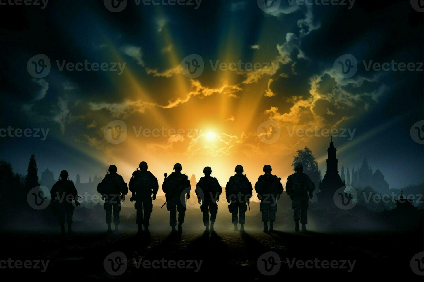 Soldiers silhouettes, the essence of valor, unveiled in Behind Enemy Lines AI Generated photo