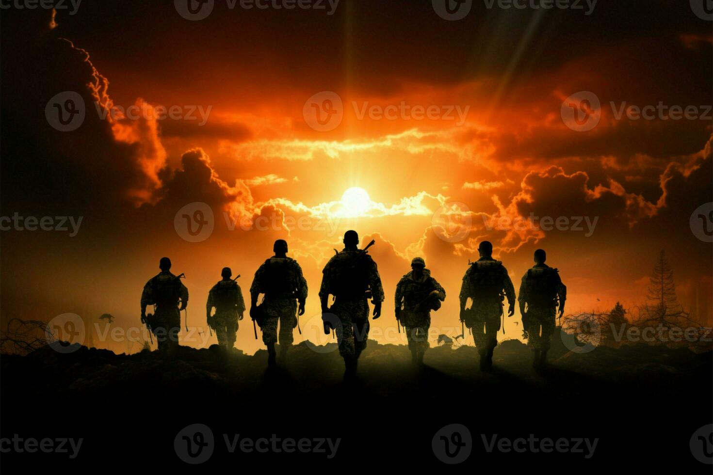 Silhouetted soldiers, strikingly framed by a dramatic and dynamic backdrop AI Generated photo