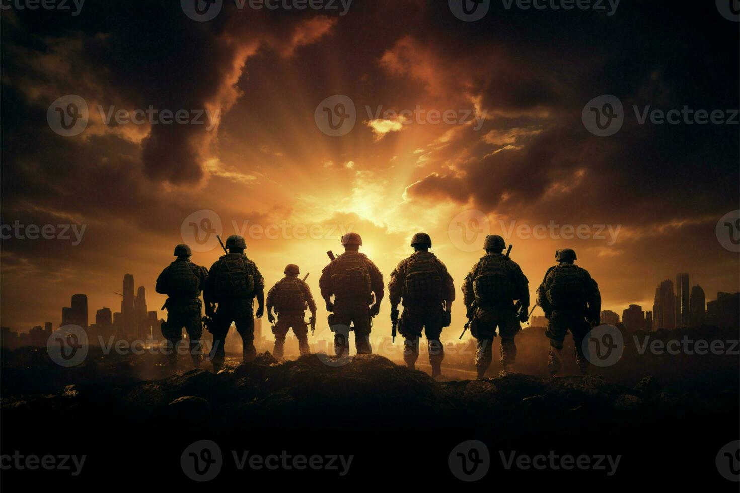 Silhouetted soldiers stand strong against the tranquil canvas of the sunset AI Generated photo