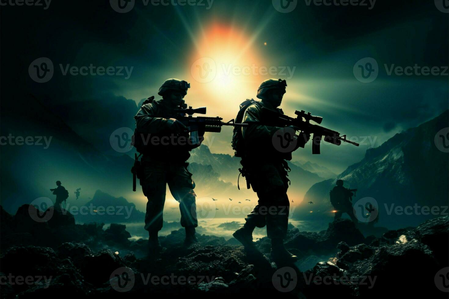 Soldiers in moonlight, lasers aglow against the full moons backdrop AI Generated photo