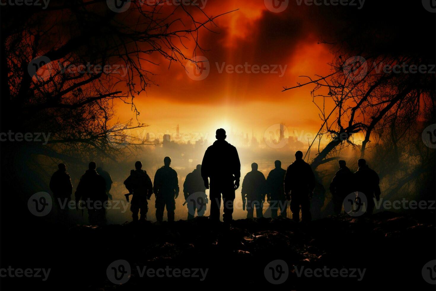 Soldiers shadows blend with dusk, defending their homeland courageously AI Generated photo