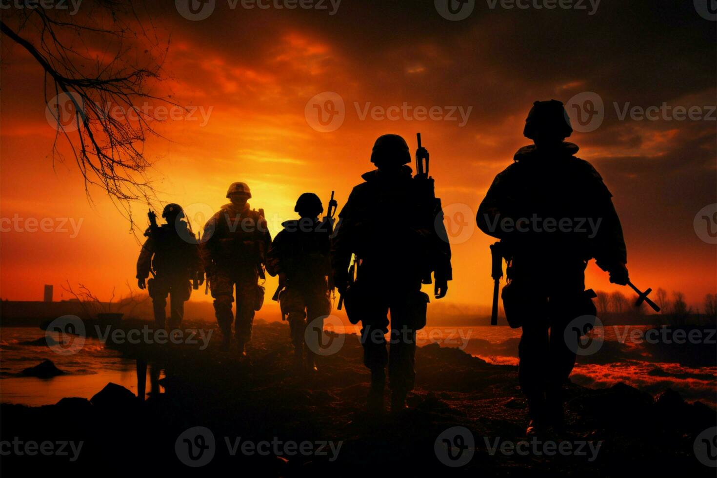 soldados siluetas en puestas de sol centinelas resonar debajo el noche resplandor ai generado foto