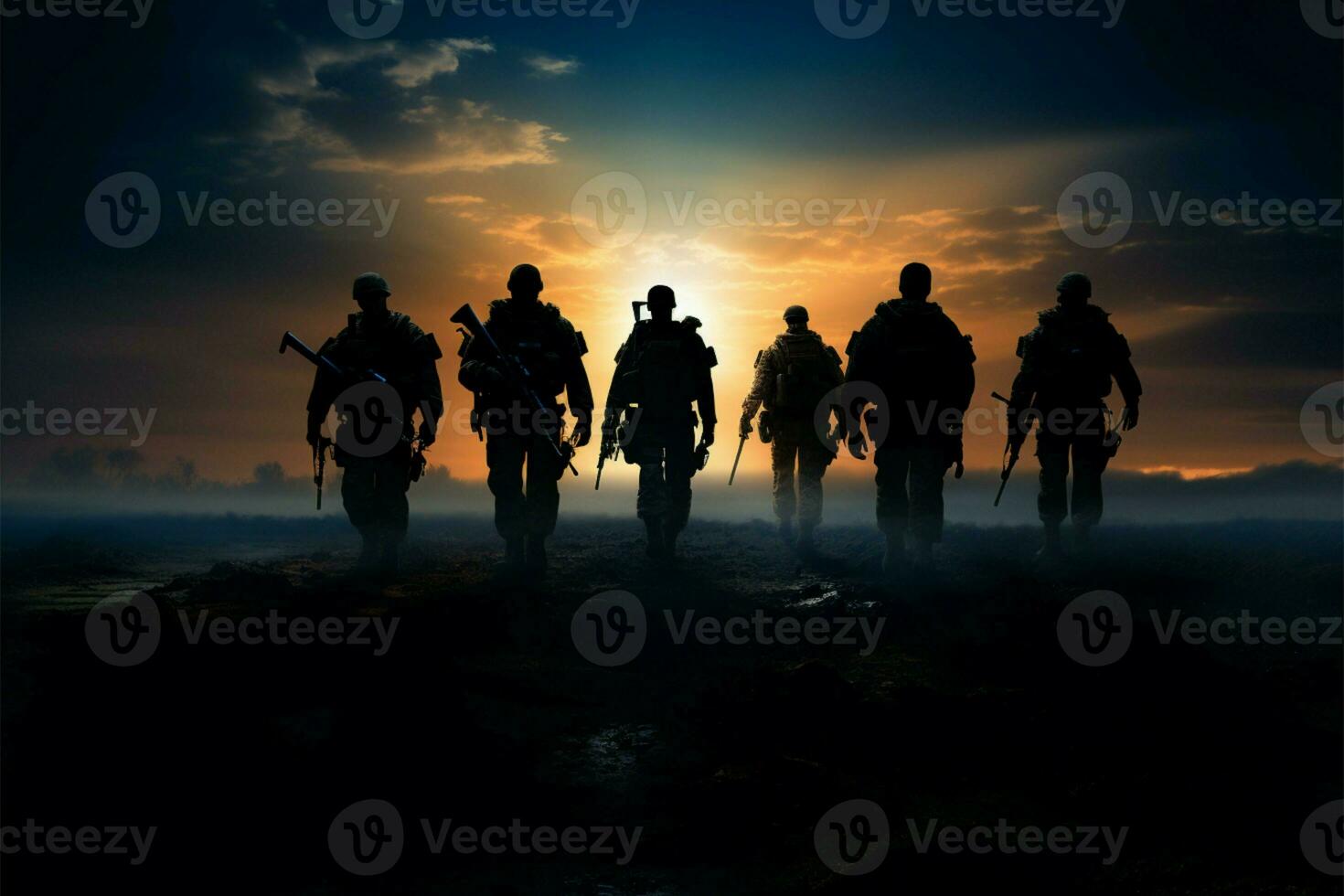 Soldiers silhouettes highlight a cohesive and disciplined military team AI Generated photo