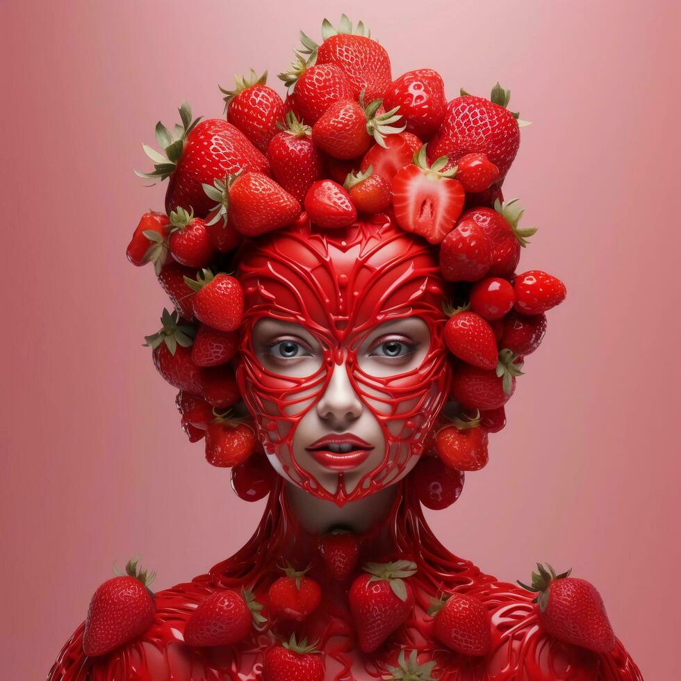 the girl who had strawberries covered in her face, AI Generative photo