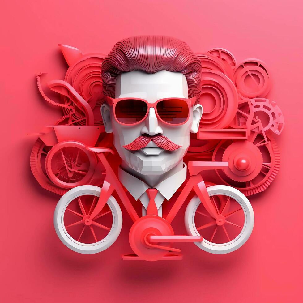 3D character of adult man in glasses and bicycle on pink background, AI Generative photo