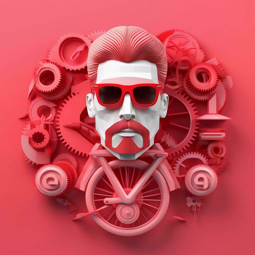 3d personaje de adulto hombre en lentes y bicicleta en rosado fondo, ai generativo foto