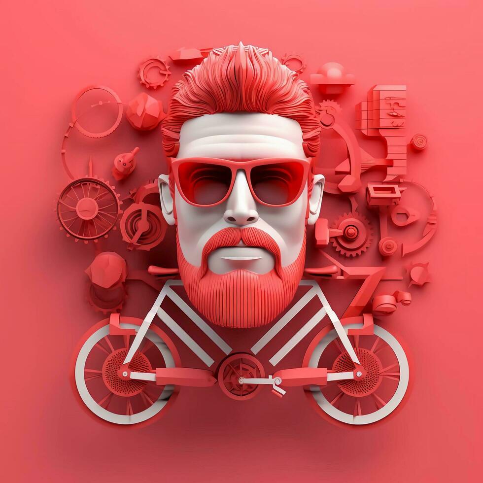 3D character of adult man in glasses and bicycle on pink background, AI Generative photo