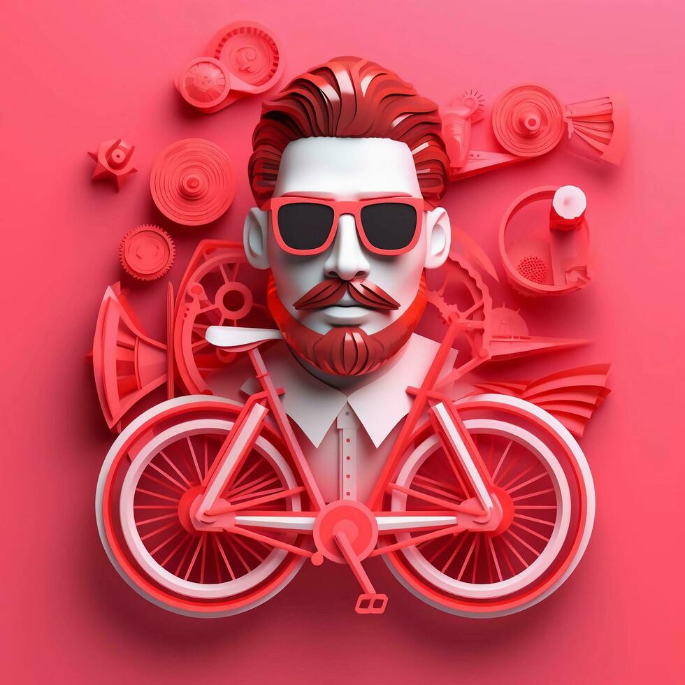 3D character of adult man in glasses and bicycle on pink background, AI Generative photo